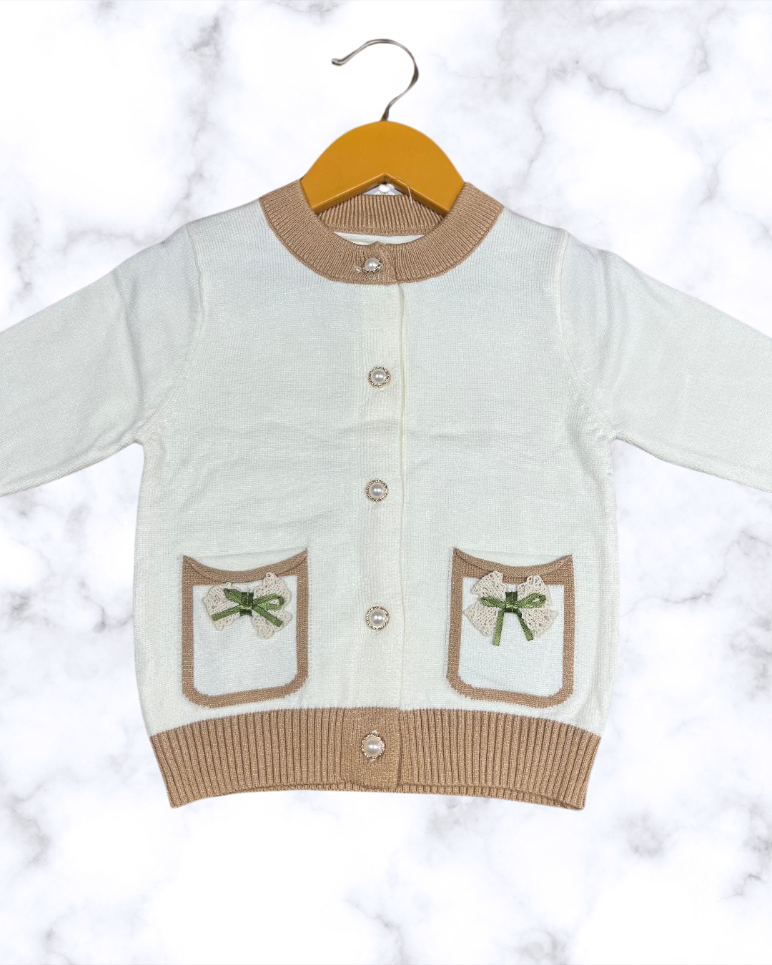 Classic Pearl Button Cardigan with Bow Pocket Detailing