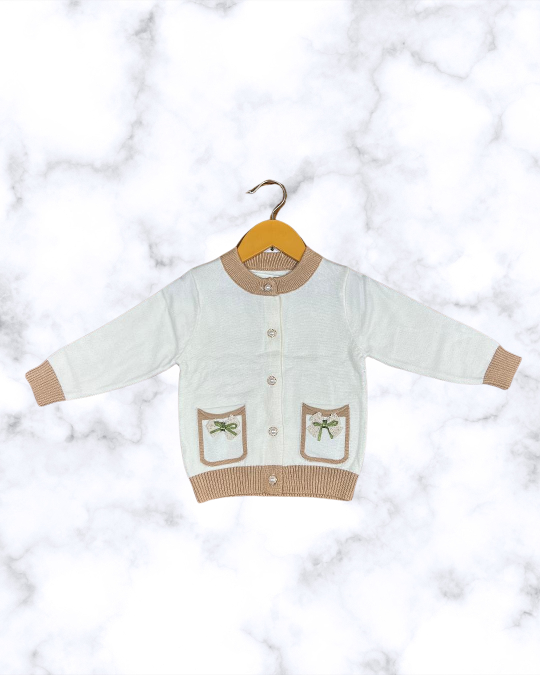 Classic Pearl Button Cardigan with Bow Pocket Detailing
