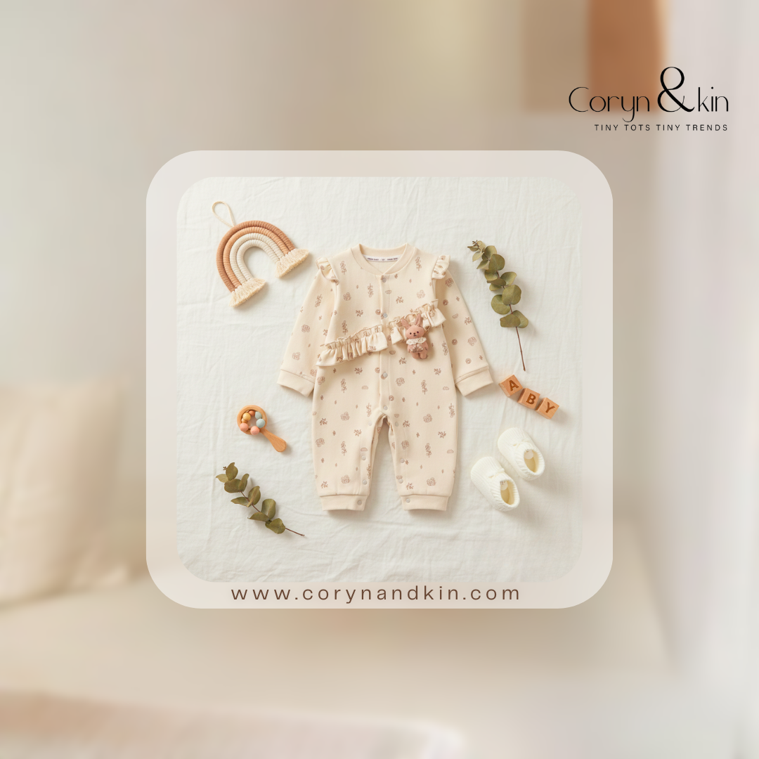 Floral Ruffle Baby Romper with Teddy Charm – Soft Cotton Full Sleeves | Coryn & Kin