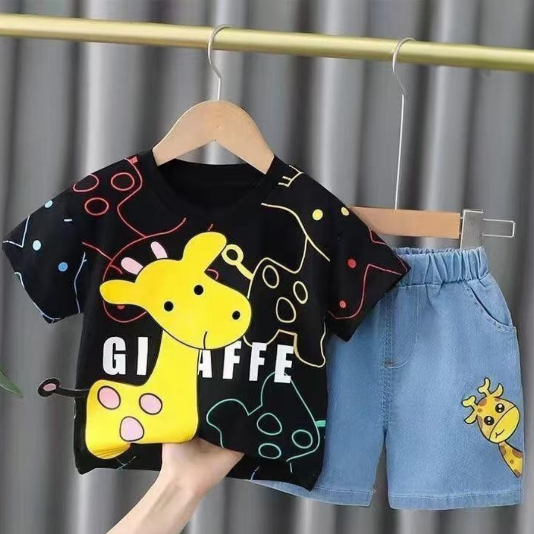 Giraffe Adventure Boys' T-Shirt & Denim Shorts Set.