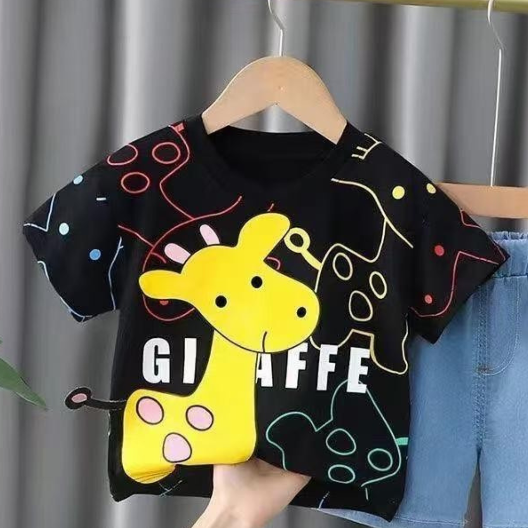 Giraffe Adventure Boys' T-Shirt & Denim Shorts Set.