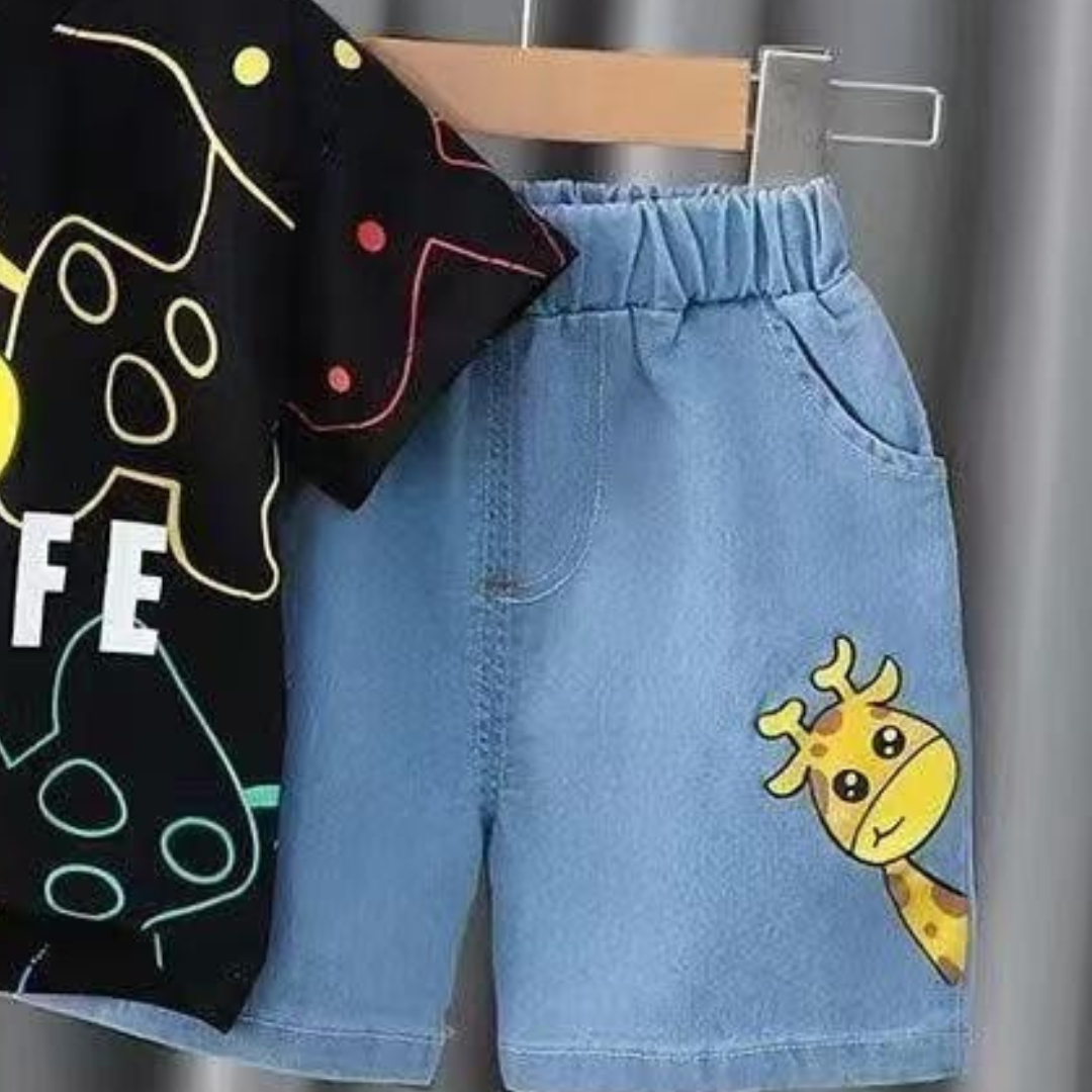 Giraffe Adventure Boys' T-Shirt & Denim Shorts Set.