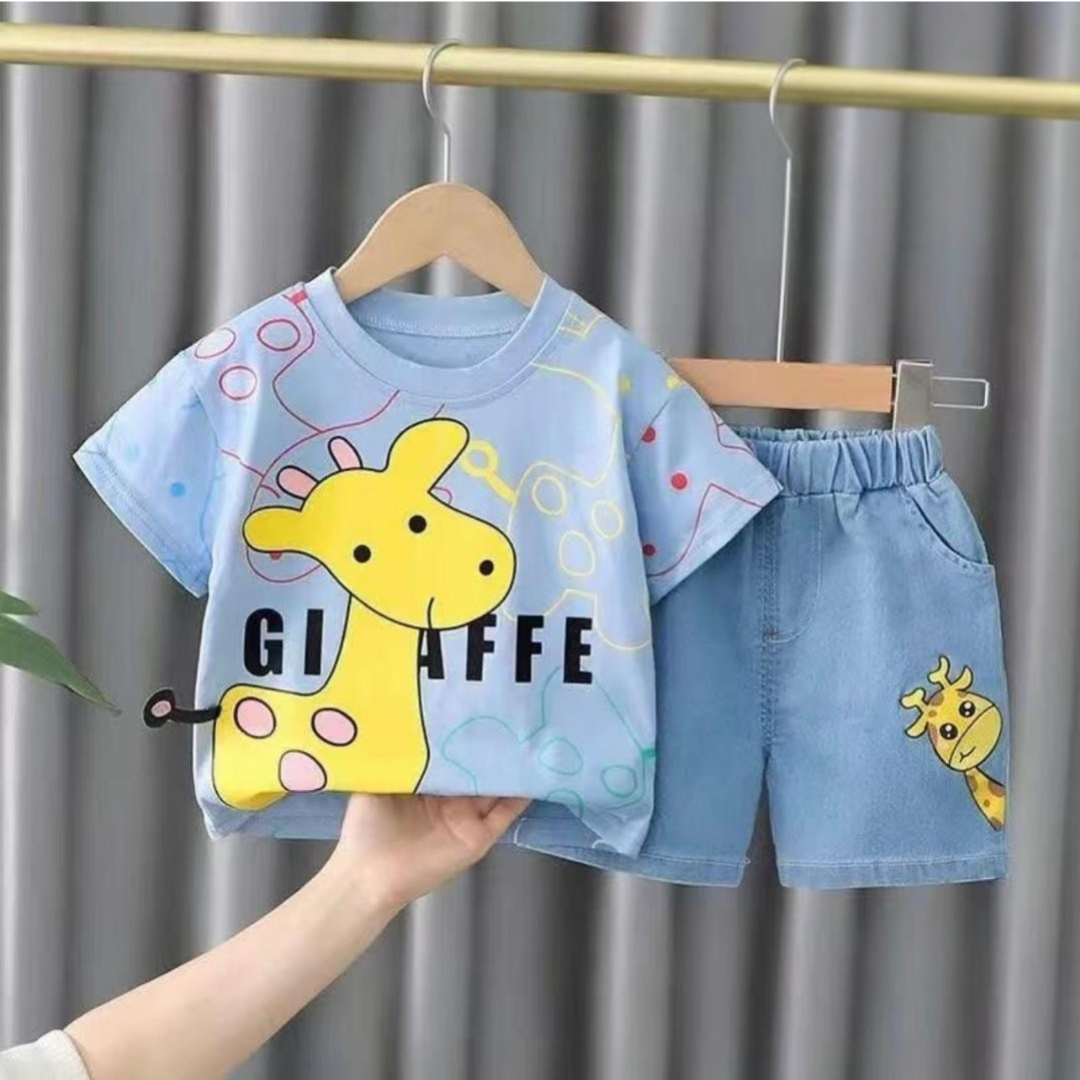 Blue Giraffe Boys' T-Shirt & Denim Shorts Set