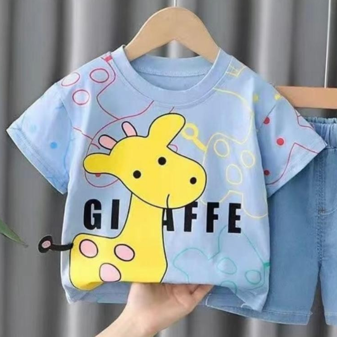 Blue Giraffe Boys' T-Shirt & Denim Shorts Set