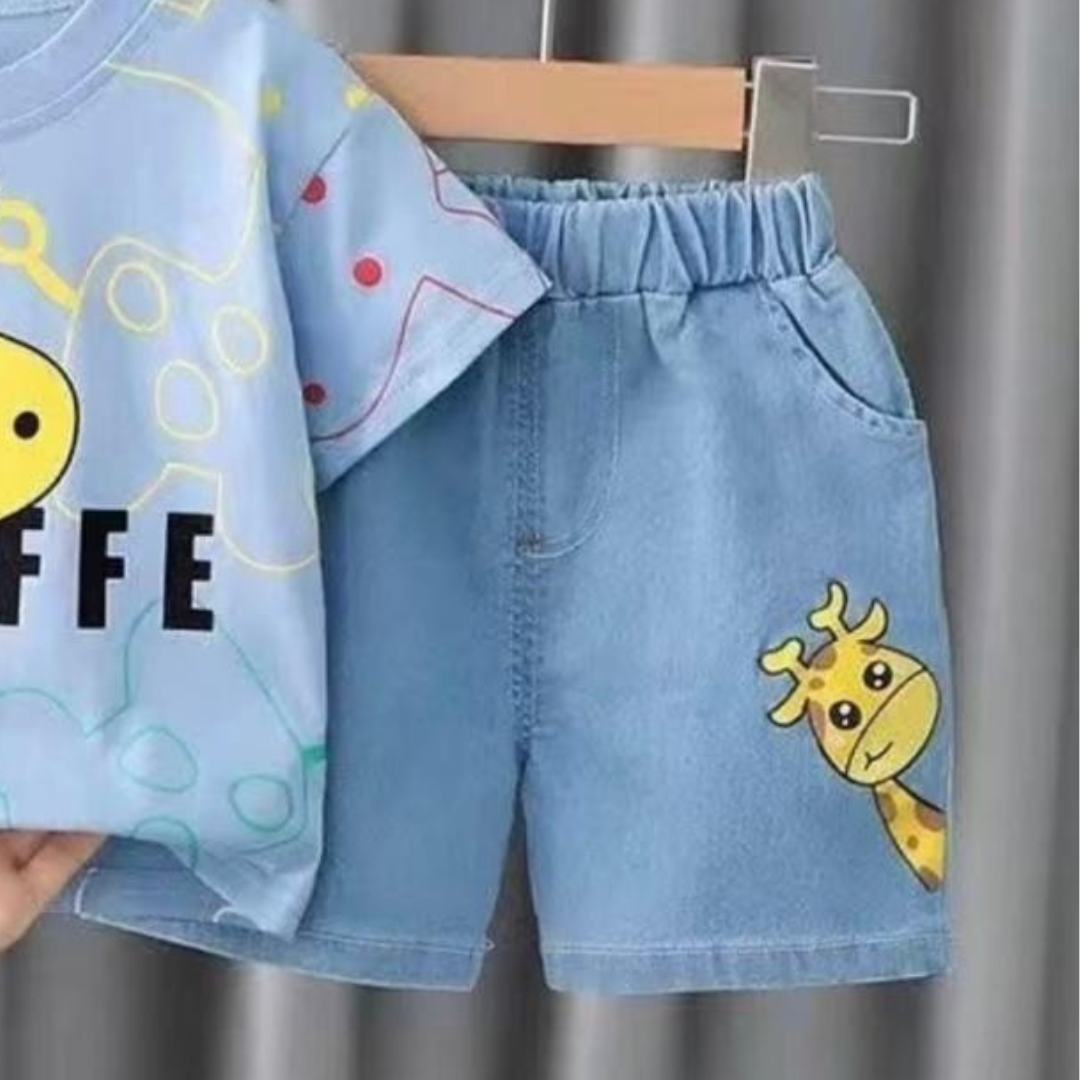 Blue Giraffe Boys' T-Shirt & Denim Shorts Set