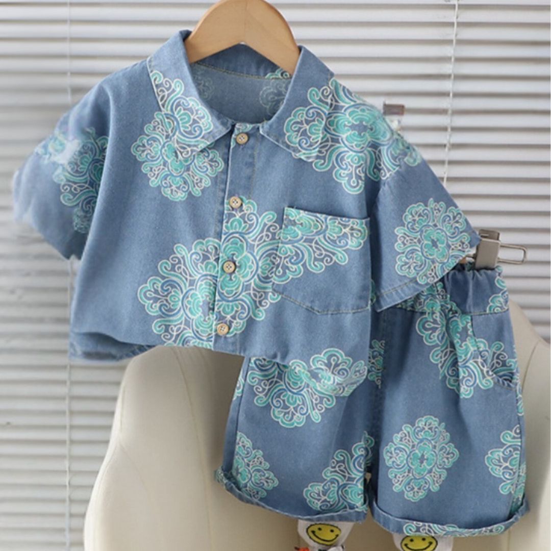 Boys Blue Printed Cotton Co-ord Set – Summer Casual Shirt & Shorts (1-6 Years)