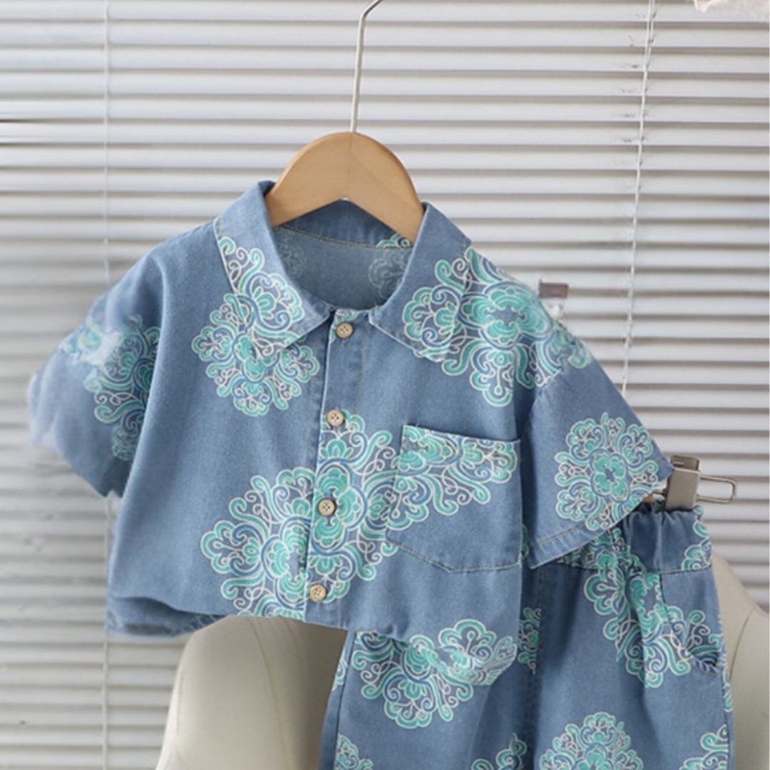 Boys Blue Printed Cotton Co-ord Set – Summer Casual Shirt & Shorts (1-6 Years)