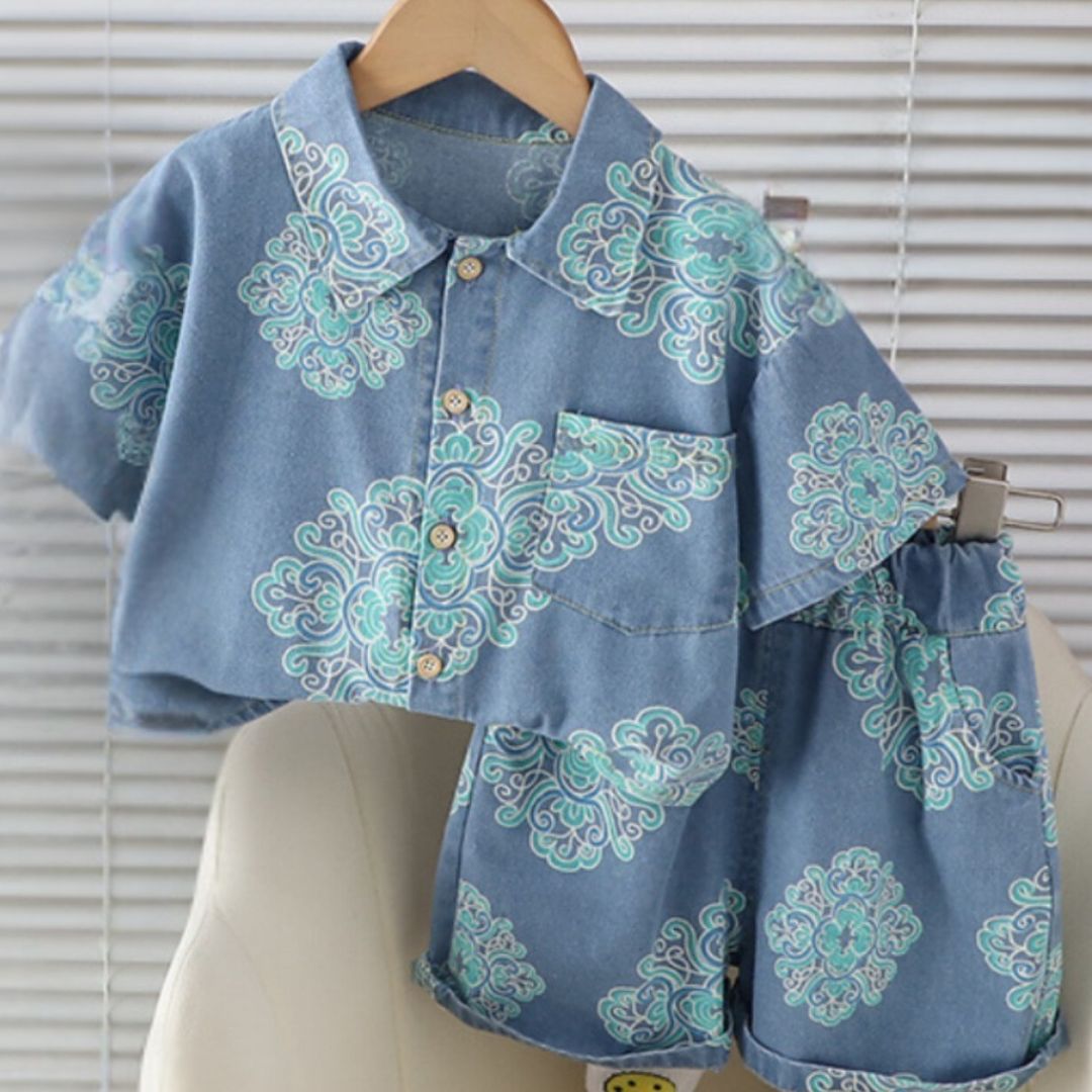 Boys Blue Printed Cotton Co-ord Set – Summer Casual Shirt & Shorts (1-6 Years)