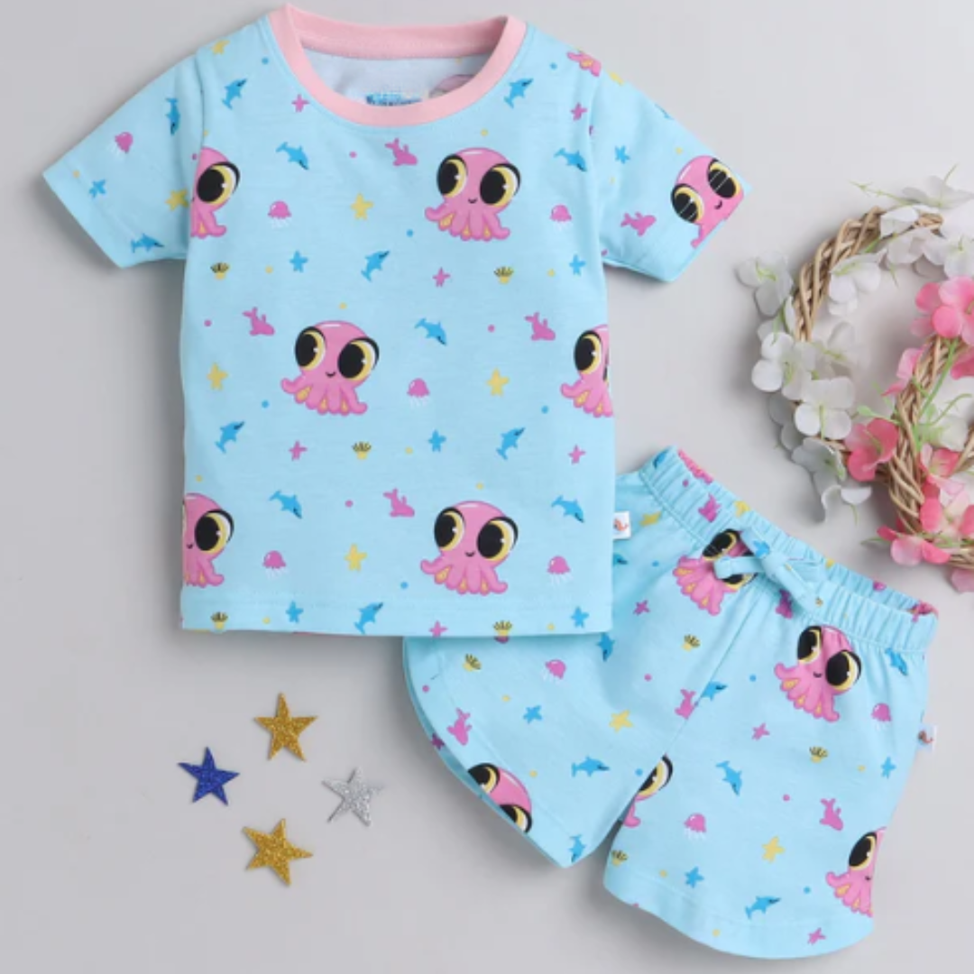 Sky Blue Girls Half Sleeves T-Shirt & Short Set (Ocean fun cotton set)