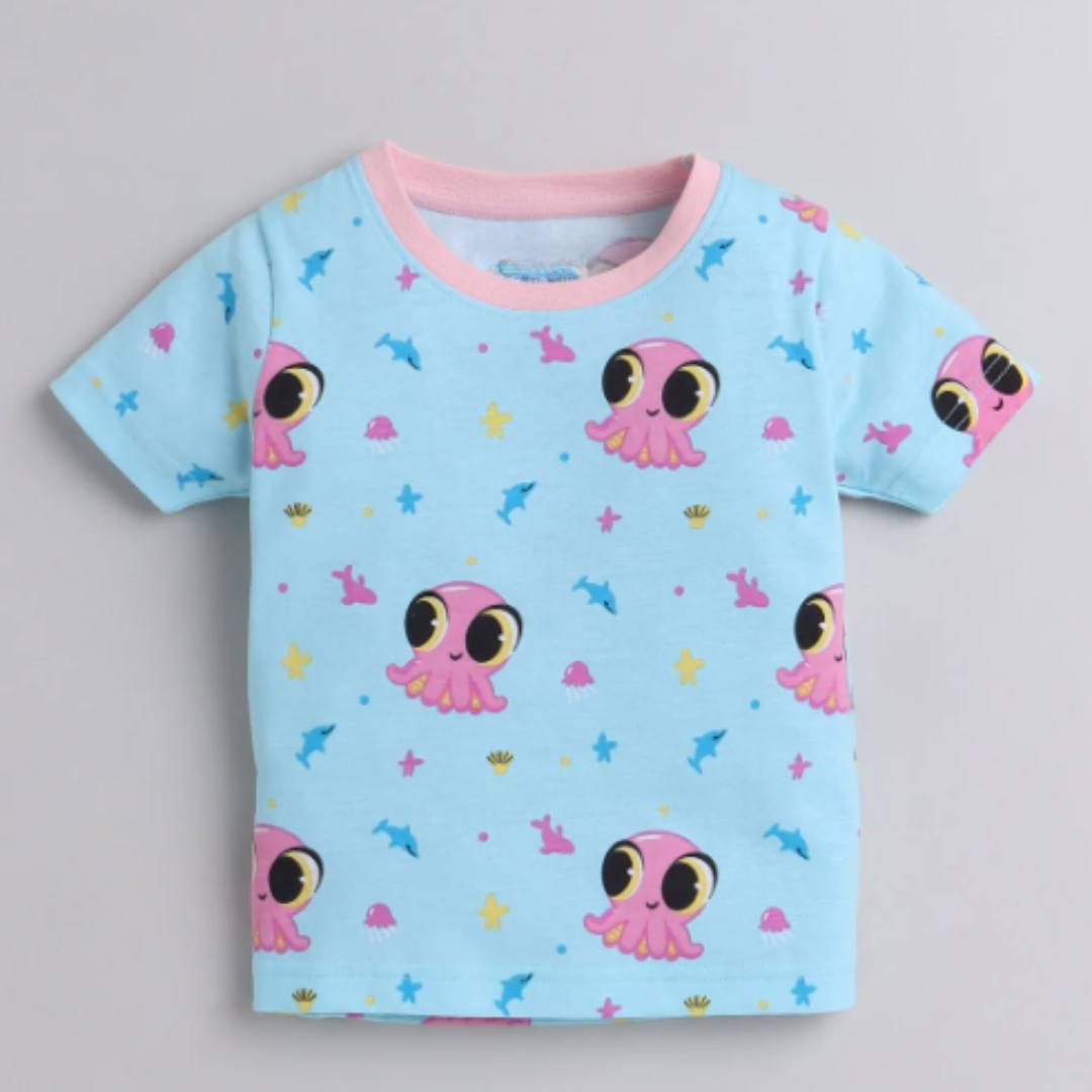 Sky Blue Girls Half Sleeves T-Shirt & Short Set (Ocean fun cotton set)