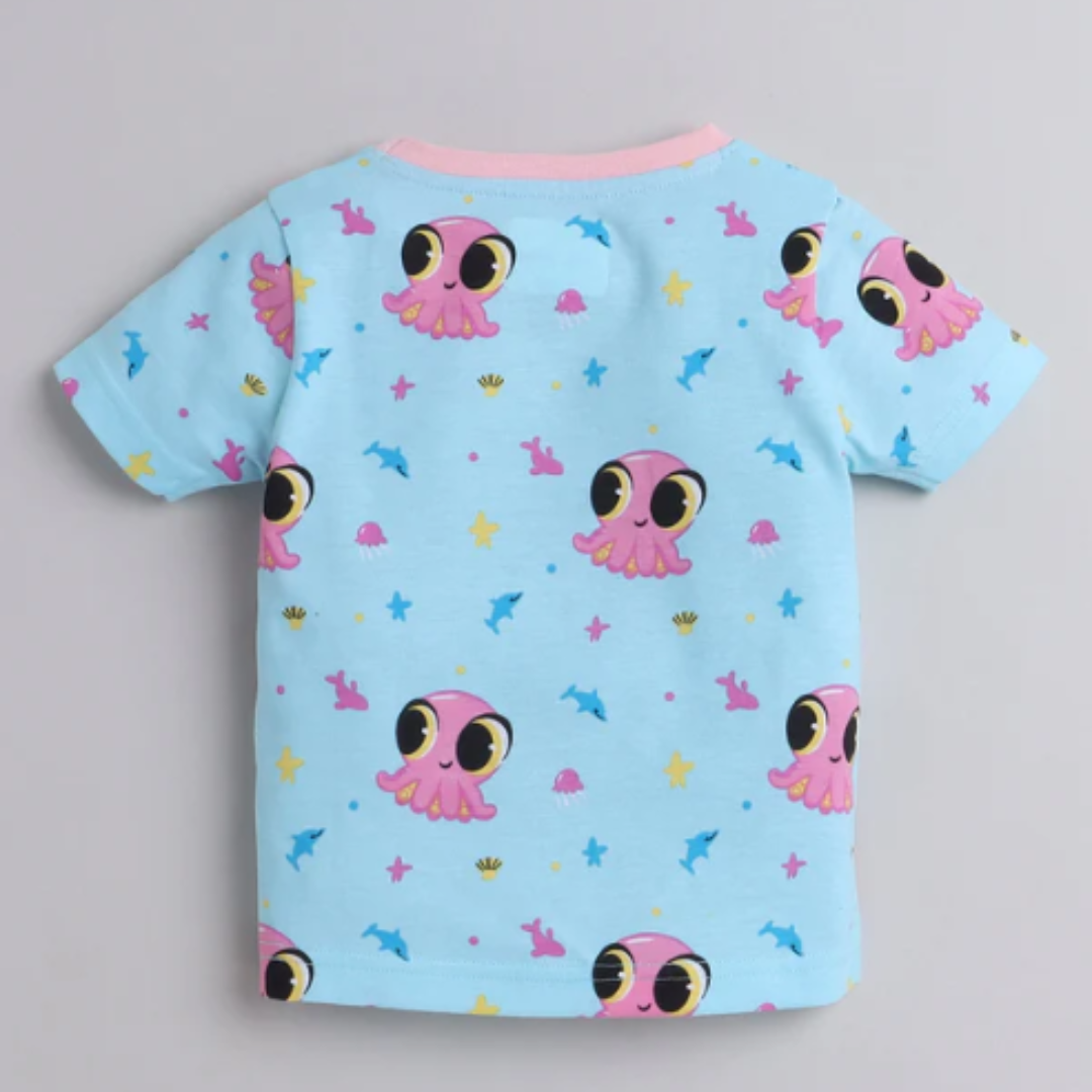 Sky Blue Girls Half Sleeves T-Shirt & Short Set (Ocean fun cotton set)