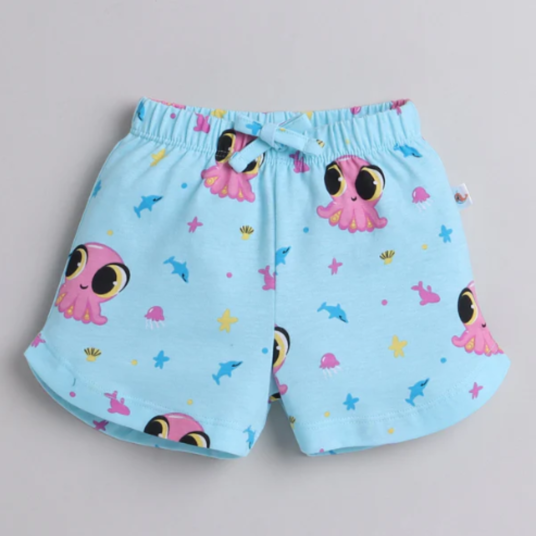 Sky Blue Girls Half Sleeves T-Shirt & Short Set (Ocean fun cotton set)