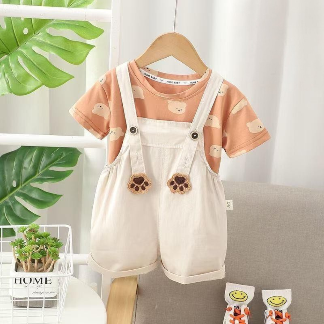 Bear Print Baby Boy Dungaree Set with T-Shirt | Cotton Outfit (0–3 Years) | Coryn & Kin