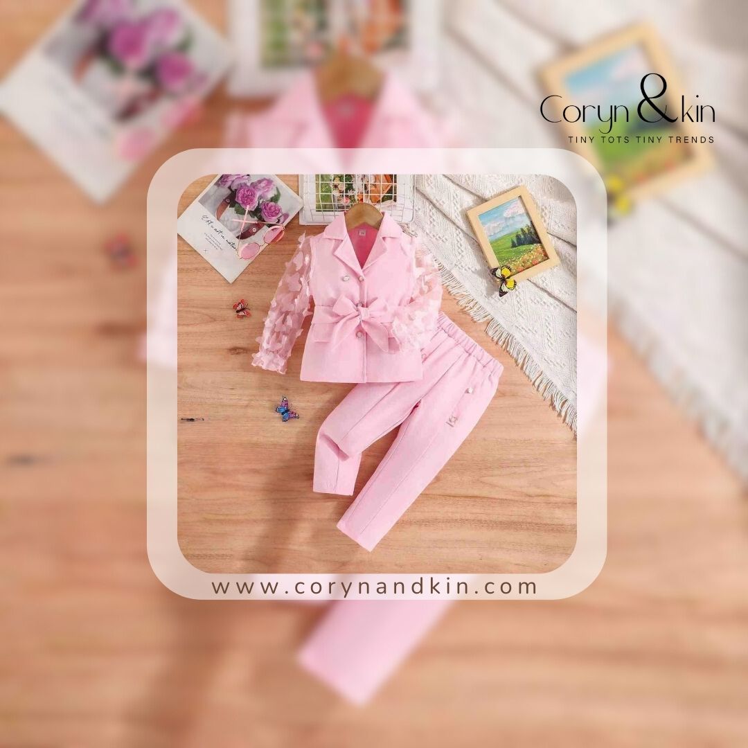 Elegant Girls' Blazer Set – Light Pink Formal Suit with Butterfly Sleeves.