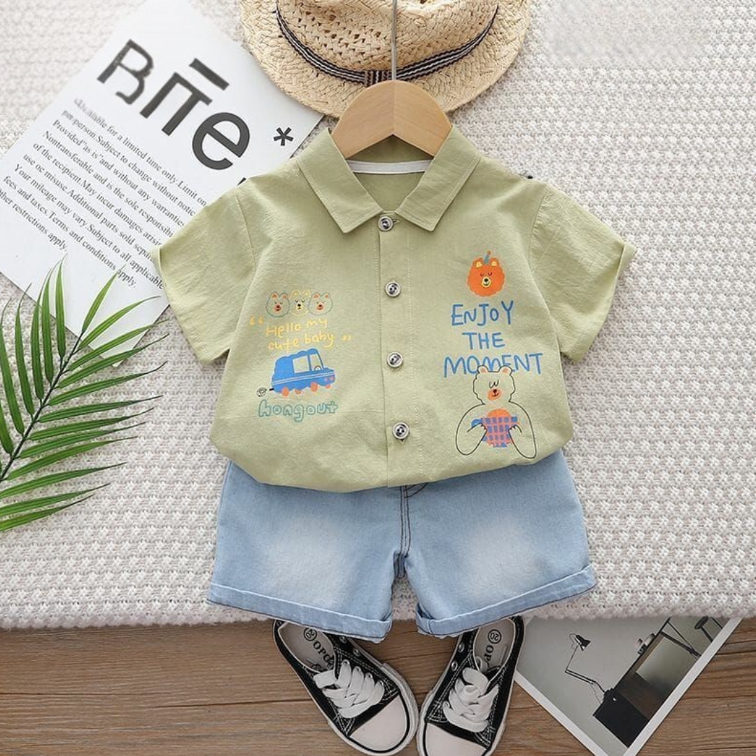 "Enjoy the Moment" Boys' Summer Outfit – Shirt & Denim Shorts Set.