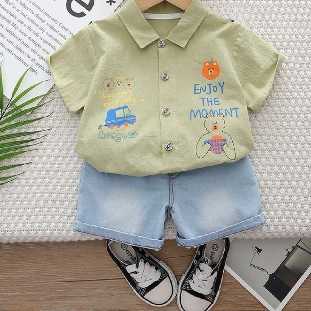 "Enjoy the Moment" Boys' Summer Outfit – Shirt & Denim Shorts Set.
