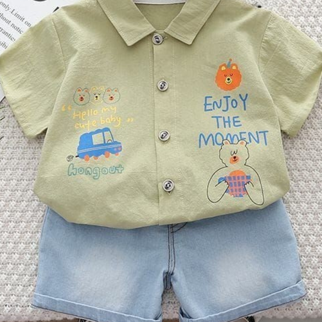 "Enjoy the Moment" Boys' Summer Outfit – Shirt & Denim Shorts Set.