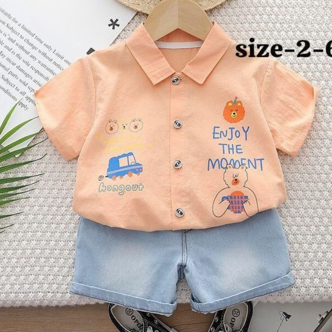 Enjoy The Moment” Boys Cotton Shirt & Shorts Set – (1–6 Years)
