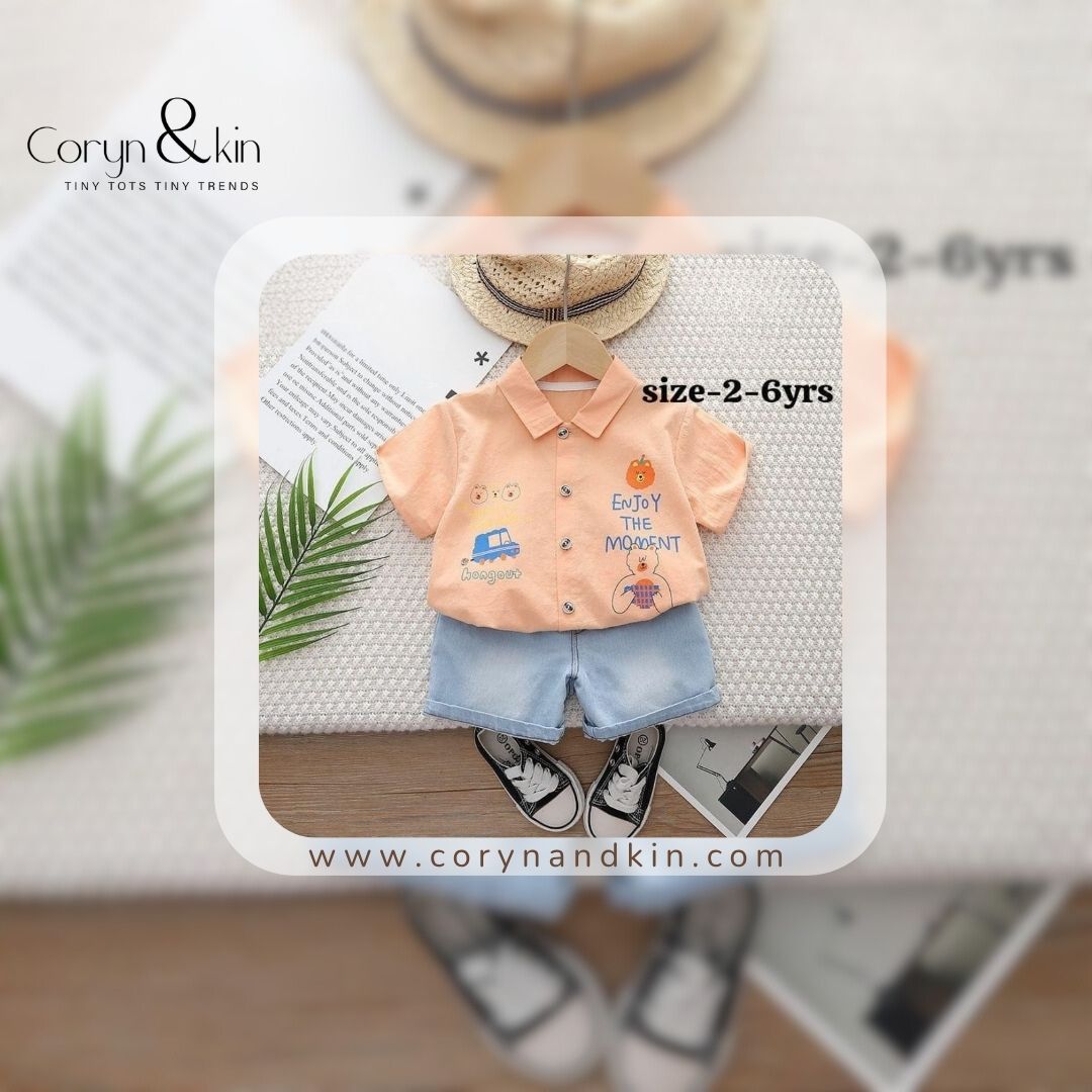 Enjoy The Moment” Boys Cotton Shirt & Shorts Set – (1–6 Years)