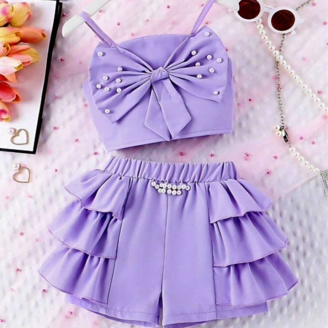Lavender Pearl Bow Top & Ruffle Shorts Set – Stylish Girls' Co-Ord Set