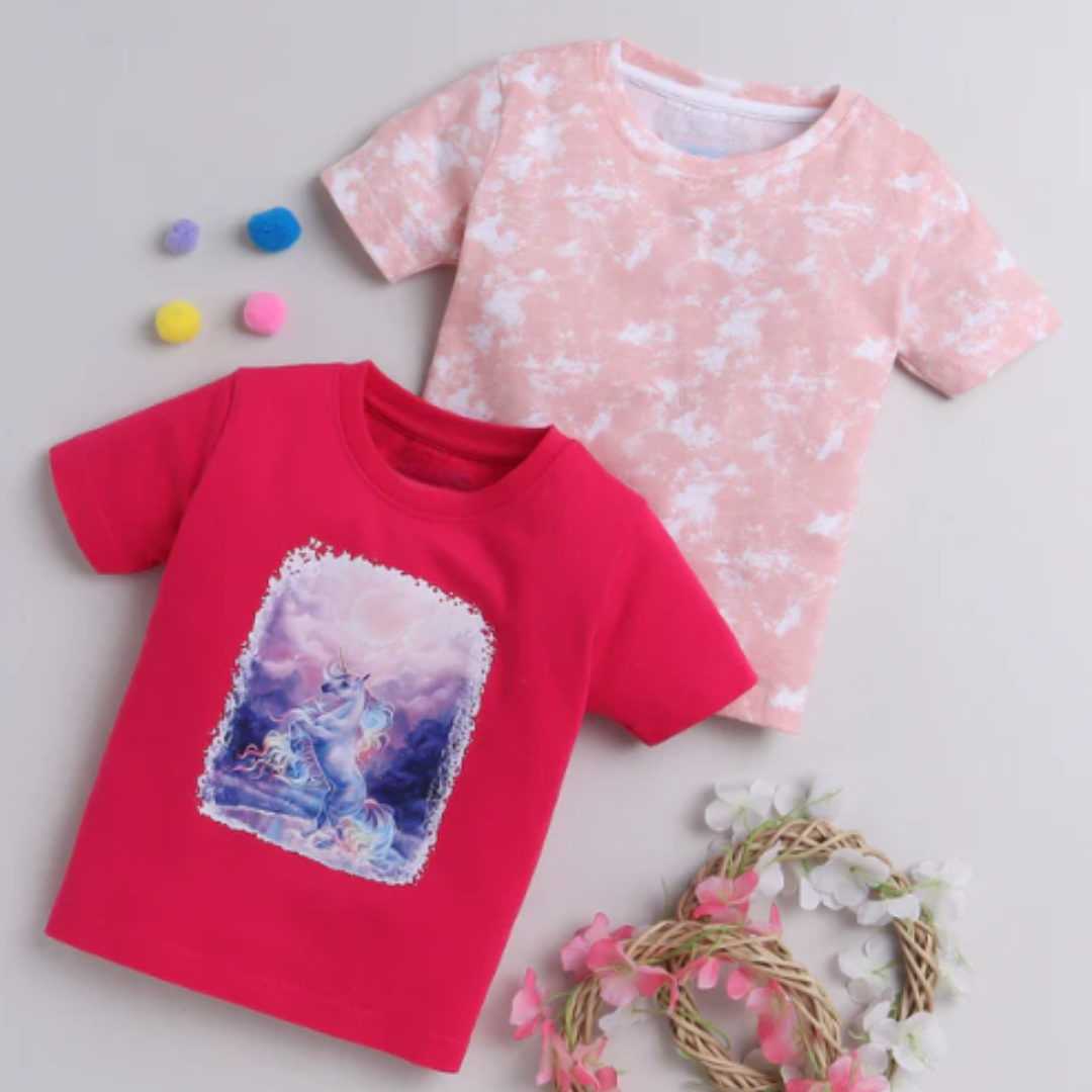 Baby Girls’ Cotton T-Shirt Set – Unicorn & Tie-Dye Combo (3-6M)
