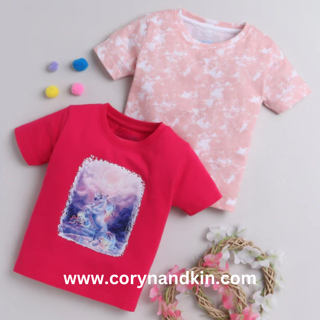 Baby Girls’ Cotton T-Shirt Set – Unicorn & Tie-Dye Combo (3-6M)
