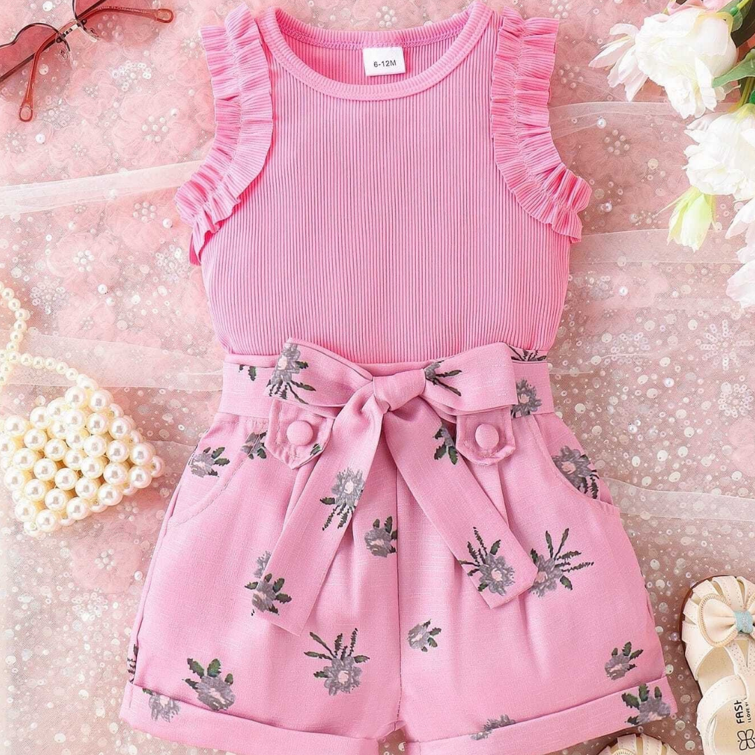 Elegant Pink Floral Girls' Top & Shorts Set – Stylish Summer Outfit for Baby & Toddler Girls