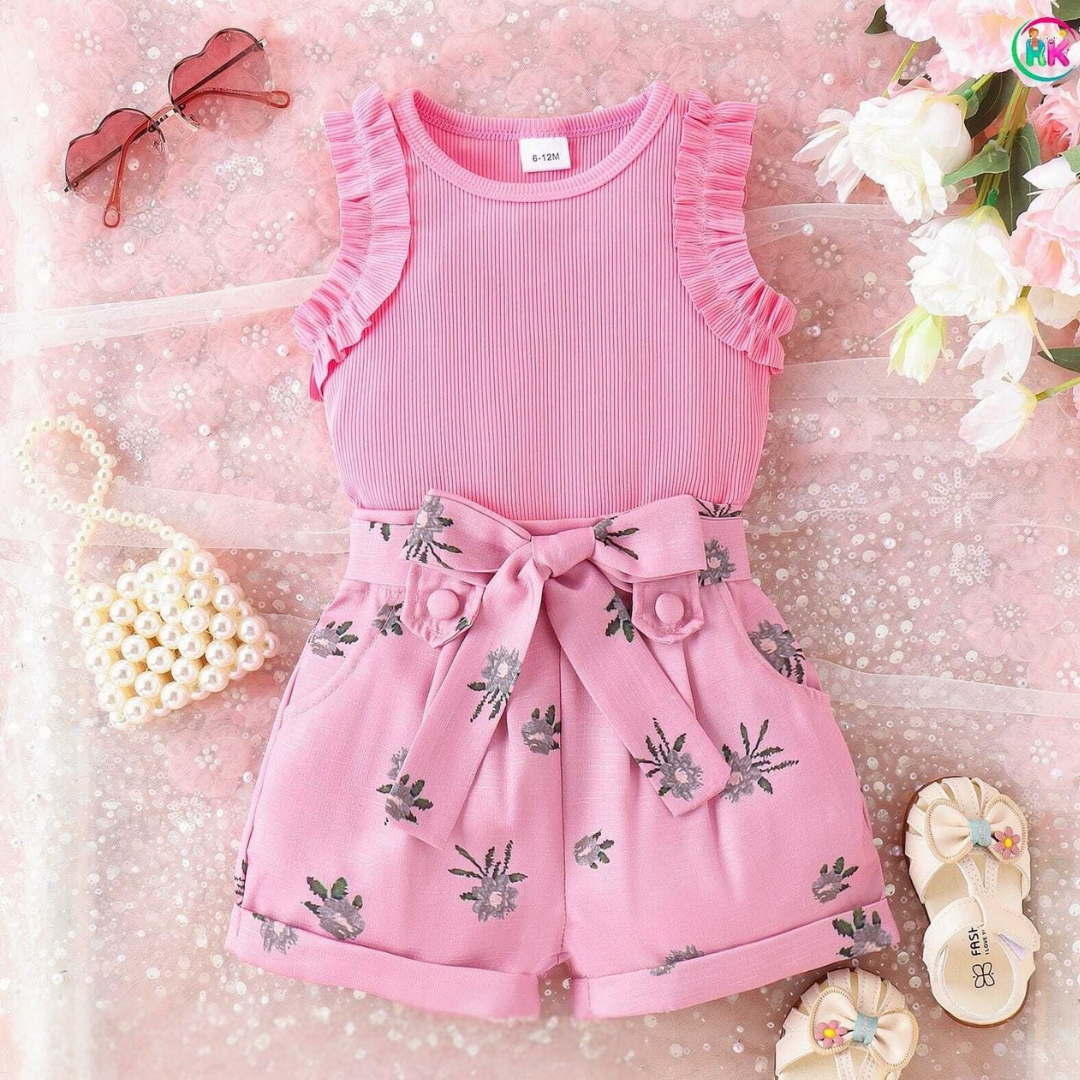 Elegant Pink Floral Girls' Top & Shorts Set – Stylish Summer Outfit for Baby & Toddler Girls