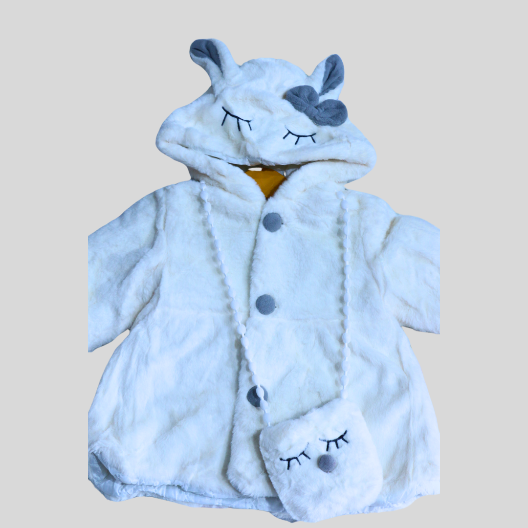 Adorable White Furry Hooded Jacket with Matching Bag – Cozy and Cute