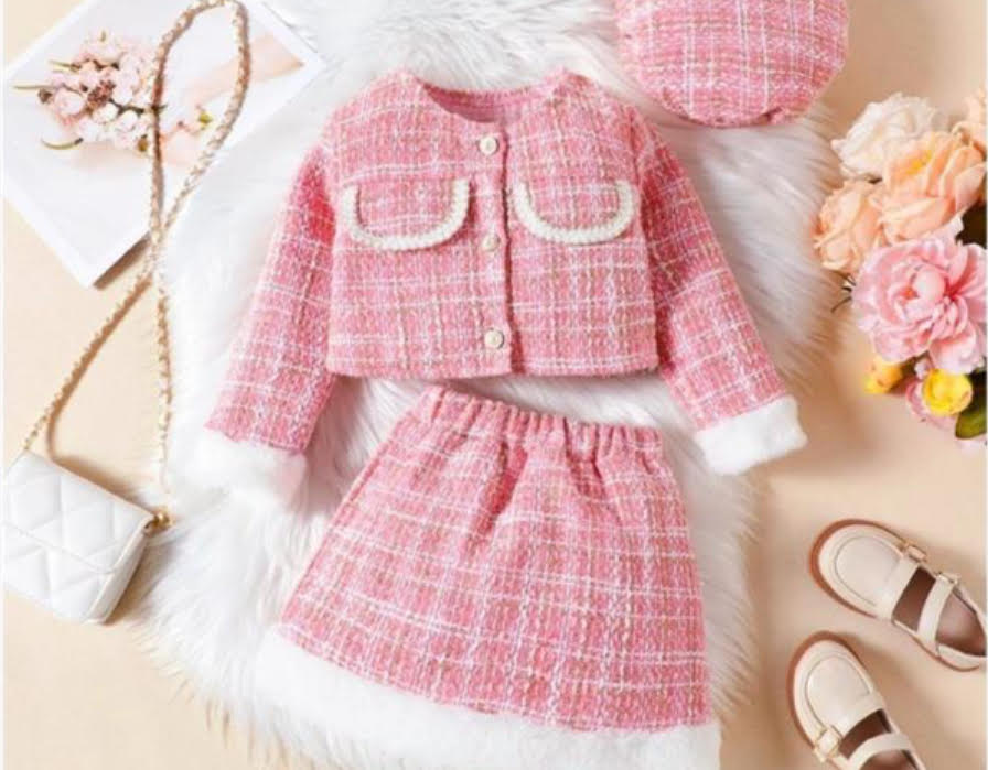 Luxe Tweed Winter Set – 3-Piece Ensemble (Pink & White)