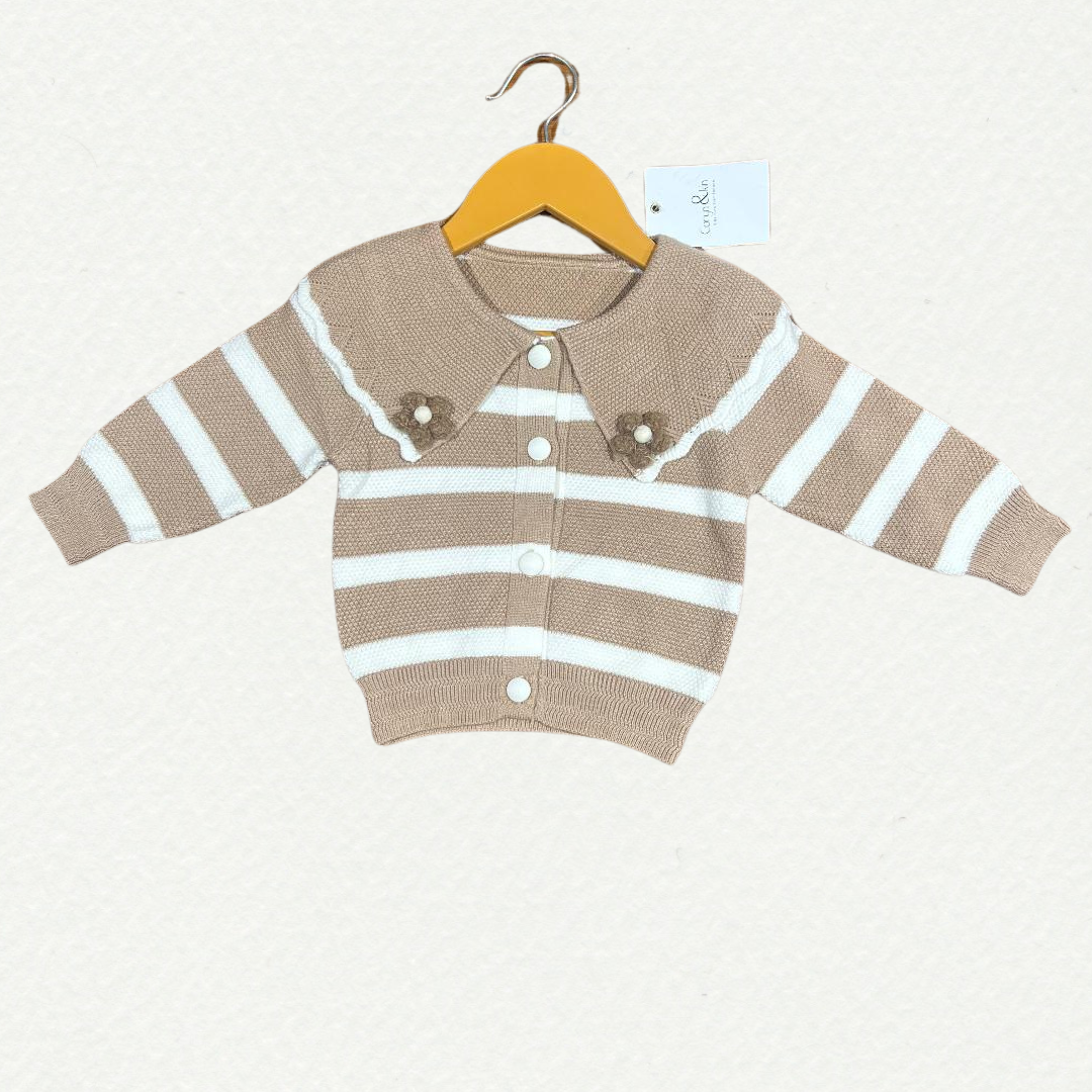 Chic Striped Knit Cardigan – White and Purple.