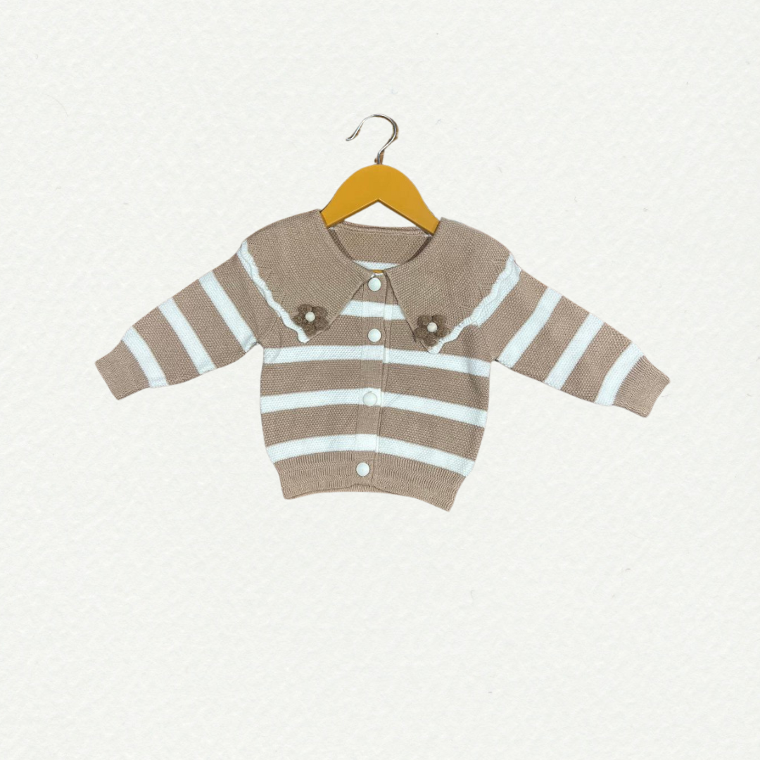 Chic Striped Knit Cardigan – White and Purple.
