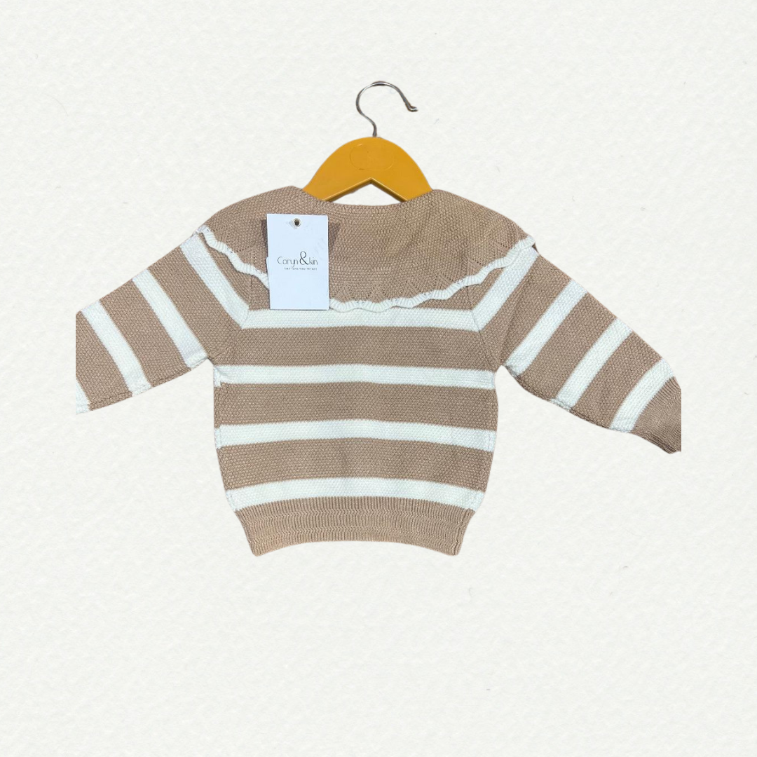 Chic Striped Knit Cardigan – White and Purple.