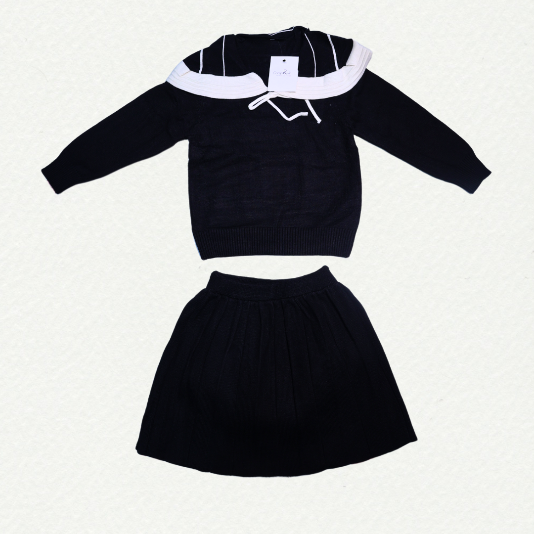 Black Sailor Collar Sweater & Pleated Skirt Set