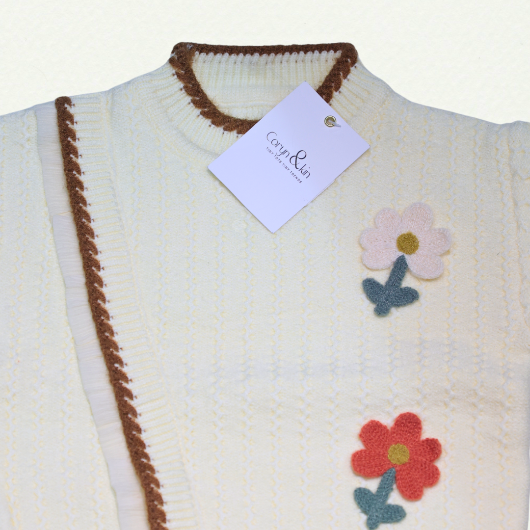 Floral Embroidered Wrap Sweater & Pleated Skirt Set