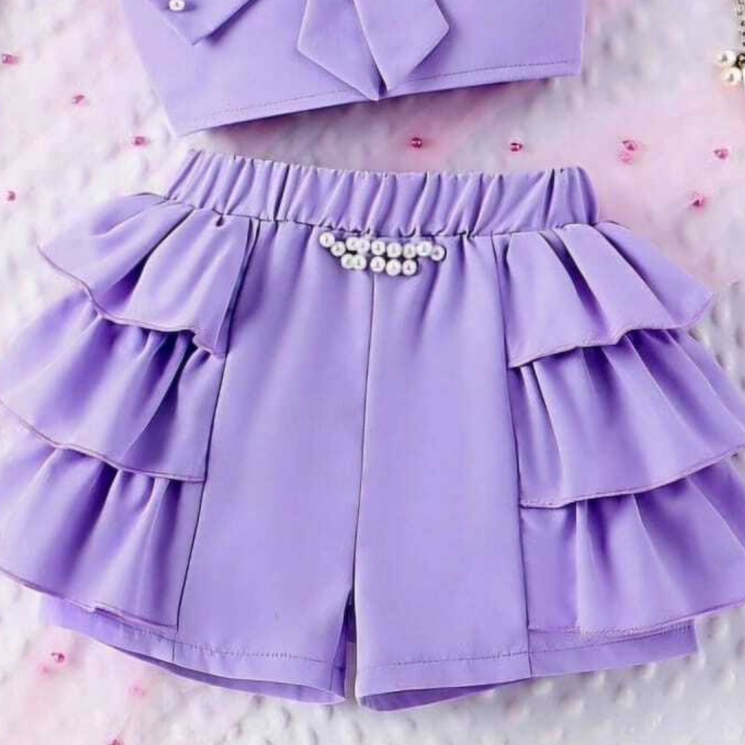 Lavender Pearl Bow Top & Ruffle Shorts Set – Stylish Girls' Co-Ord Set