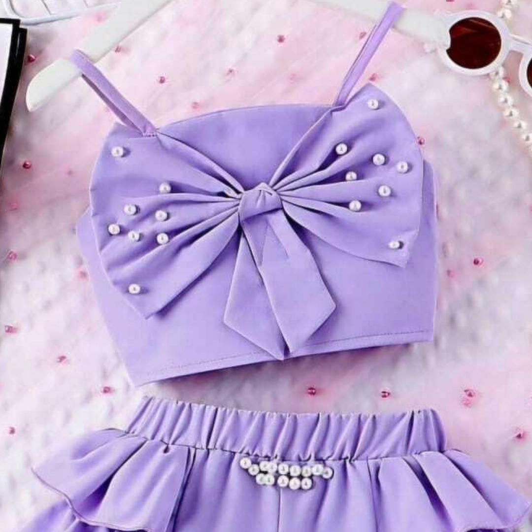 Lavender Pearl Bow Top & Ruffle Shorts Set – Stylish Girls' Co-Ord Set