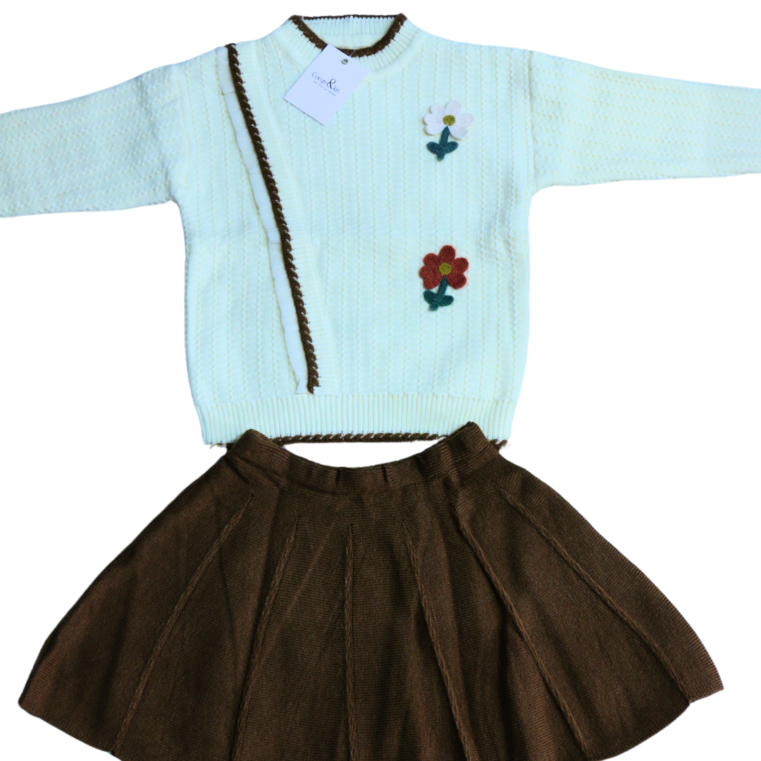 Floral Embroidered Wrap Sweater & Pleated Skirt Set