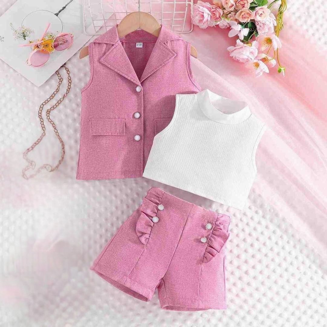 Trendy Pink Blazer Shorts Set for Girls | 3-Piece Sleeveless Outfit for 3–7 Years
