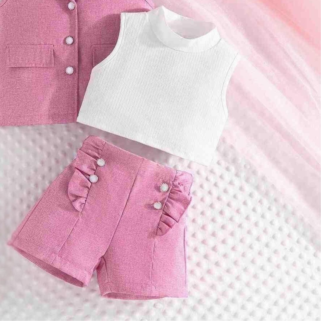 Trendy Pink Blazer Shorts Set for Girls | 3-Piece Sleeveless Outfit for 3–7 Years