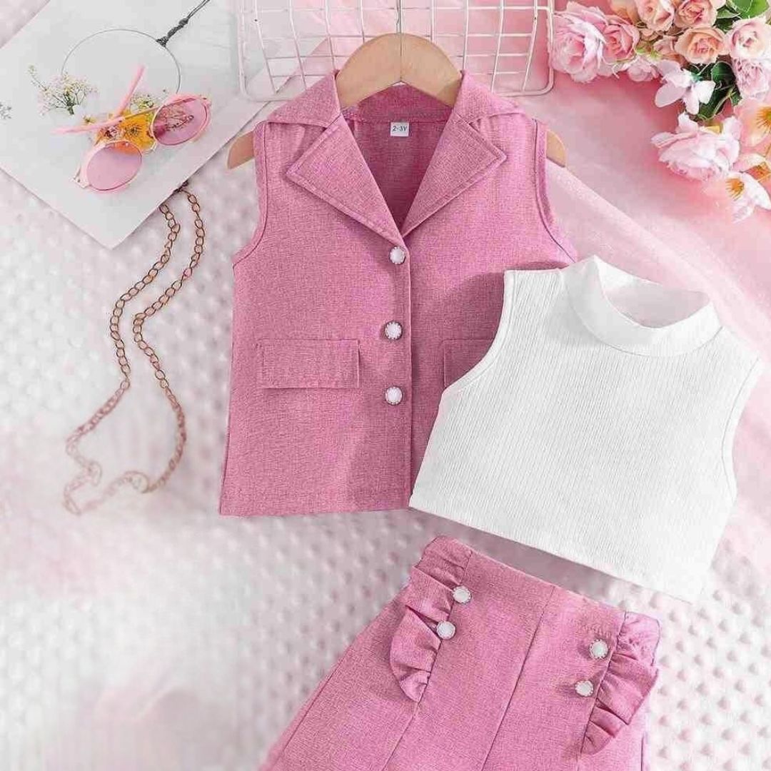 Trendy Pink Blazer Shorts Set for Girls | 3-Piece Sleeveless Outfit for 3–7 Years