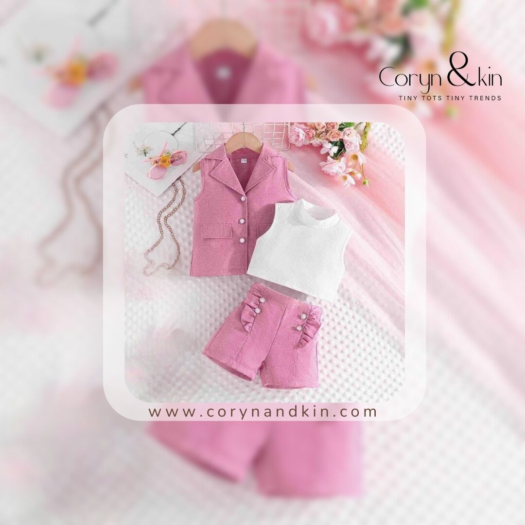 Trendy Pink Blazer Shorts Set for Girls | 3-Piece Sleeveless Outfit for 3–7 Years