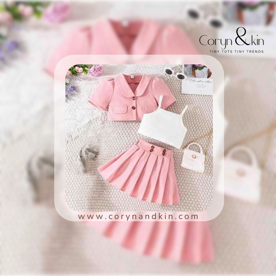 Chic Pink Blazer & Skirt Set for Girls (3–7 Years)