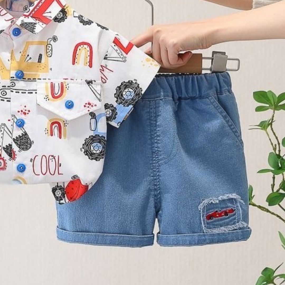 Boys Cotton Shirt and Denim Shorts Set