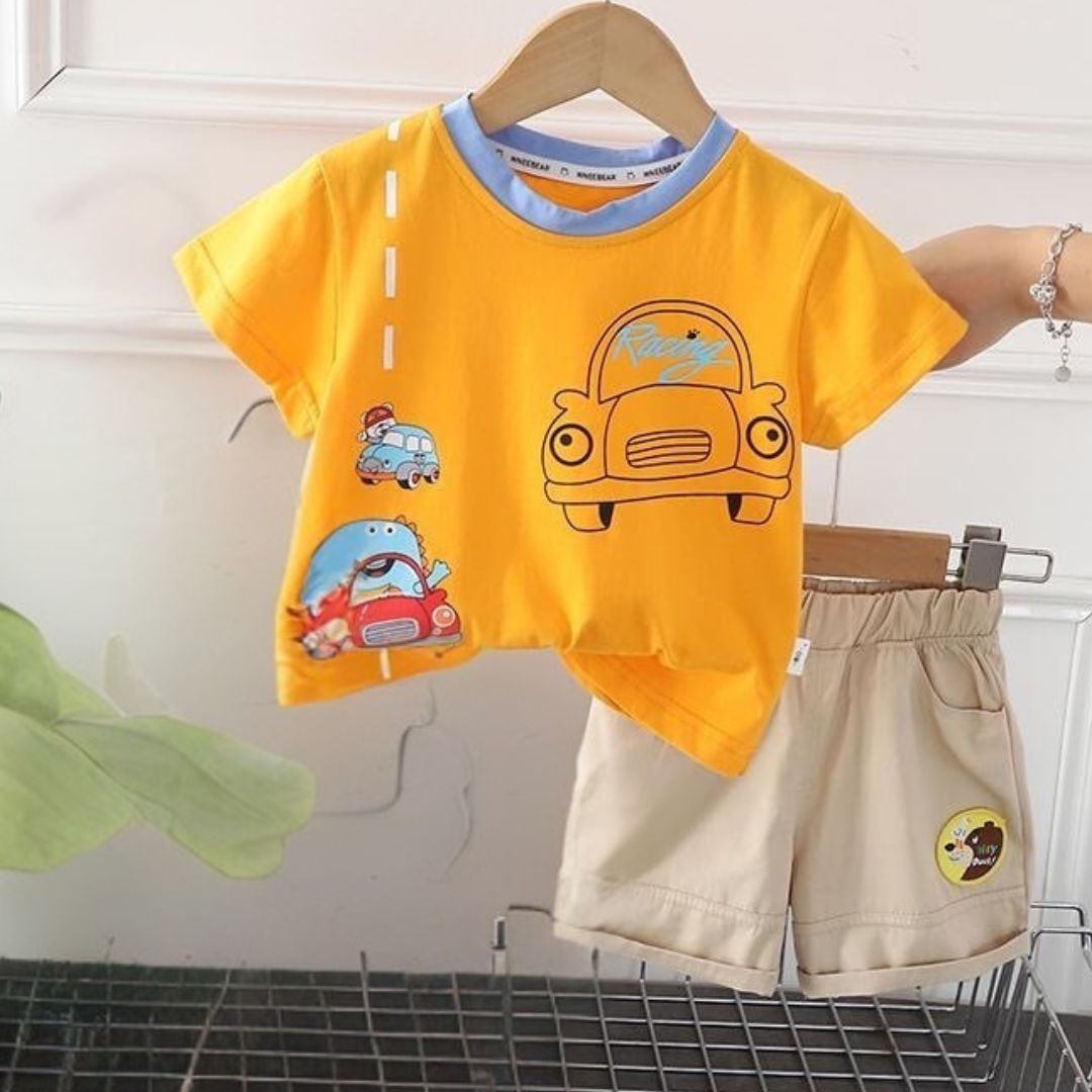 Yellow Car Print Cotton T-Shirt & Shorts Set for Boys (1–6 Years) | Summer Toddler Outfit