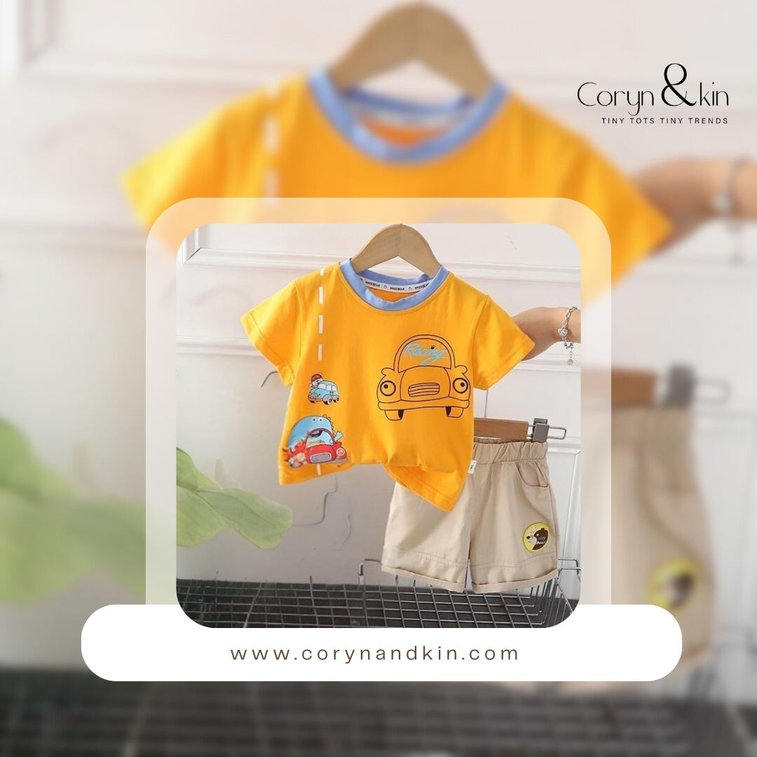 Yellow Car Print Cotton T-Shirt & Shorts Set for Boys (1–6 Years) | Summer Toddler Outfit