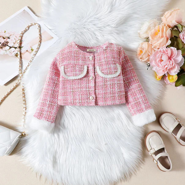 Luxe Tweed Winter Set – 3-Piece Ensemble (Pink & White)