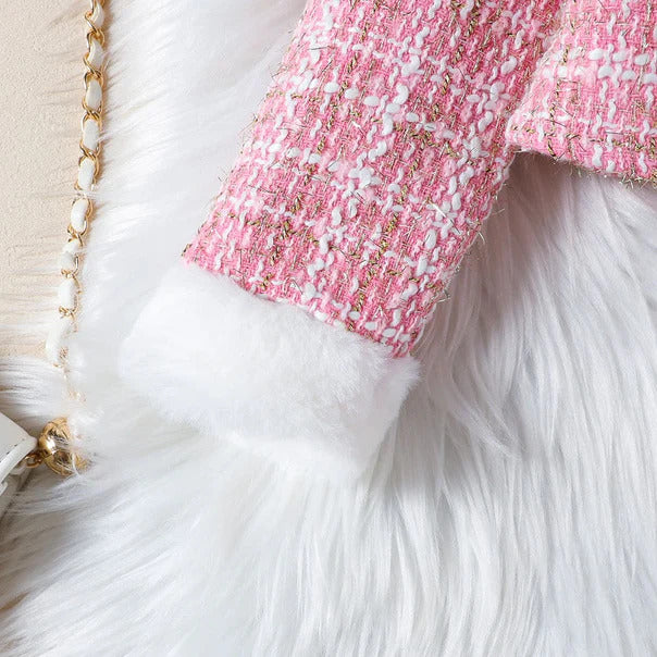 Luxe Tweed Winter Set – 3-Piece Ensemble (Pink & White)