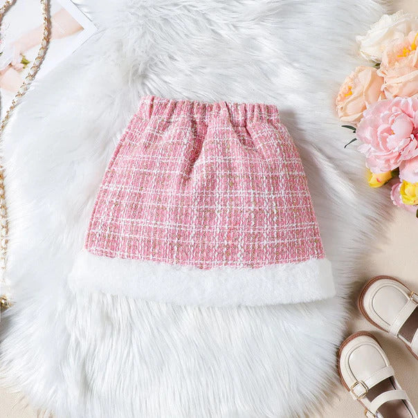 Luxe Tweed Winter Set – 3-Piece Ensemble (Pink & White)