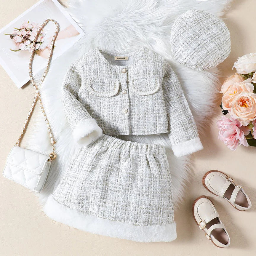 White Tweed Crop Dress with Affluent Cap – Elegant Winter Ensemble